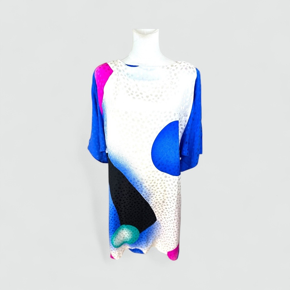 Flora Kung silk Bold‎ Abstract Print Midi Dress 3/4 Sleeve Boat Neck Women's